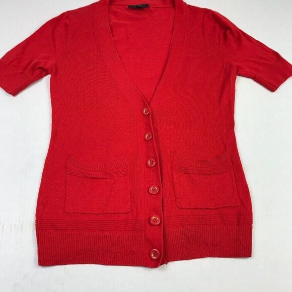 Banana Republic Womens Cardigan Red Button Sweater Short Sleeve Size PS Petites - Picture 2 of 11